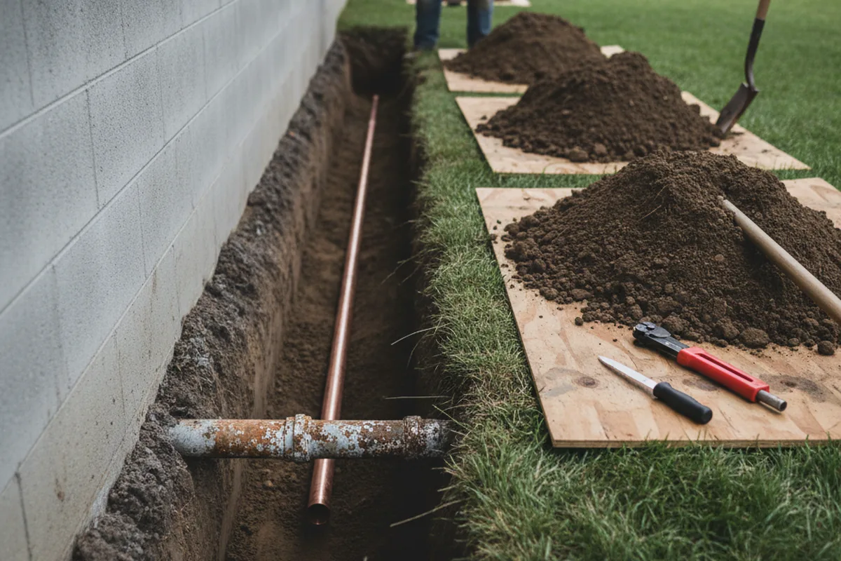 Excavated water line trench during Sewer Line Repair in Starford